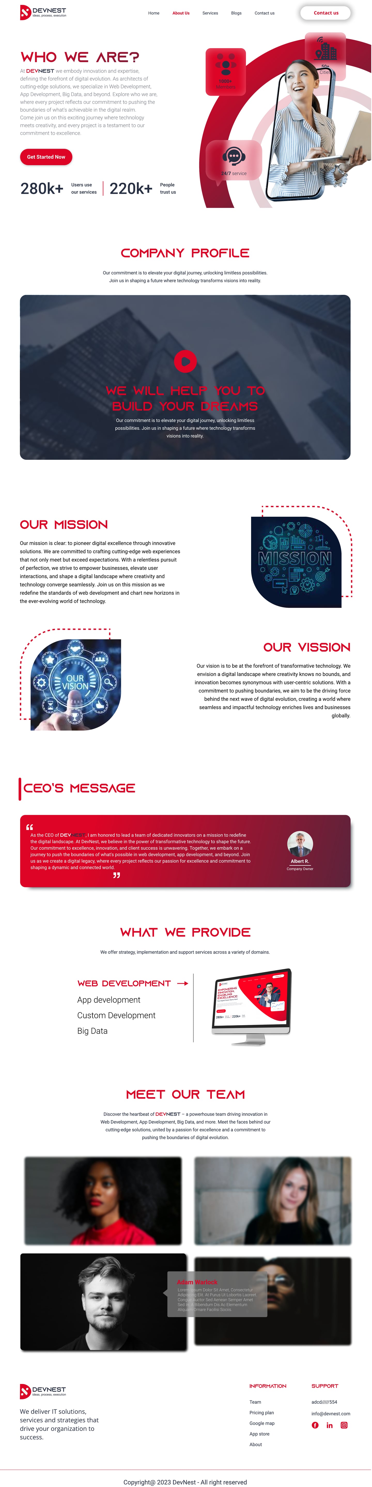 Full-length Devnest Crimson SaaS website about page design with a company profile banner, mission and vision, CEO message and team grid.
