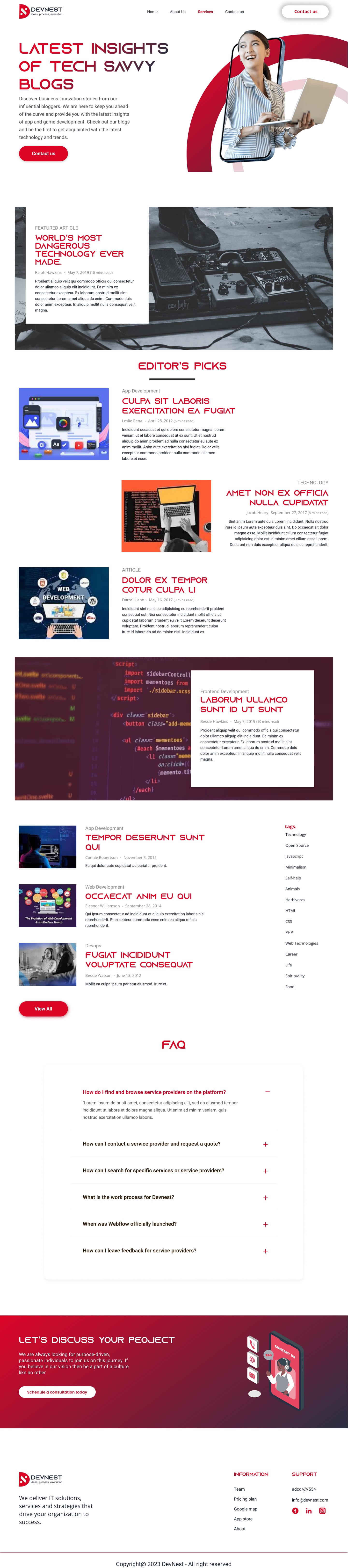 Full-length Devnest Crimson SaaS website blog page design with a featured article, editor picks, tag list and FAQ accordion.