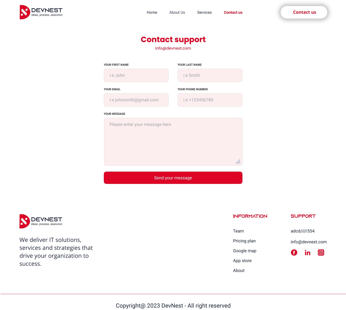 Full-length Devnest Crimson SaaS website contact page design with a short contact form and red send button.