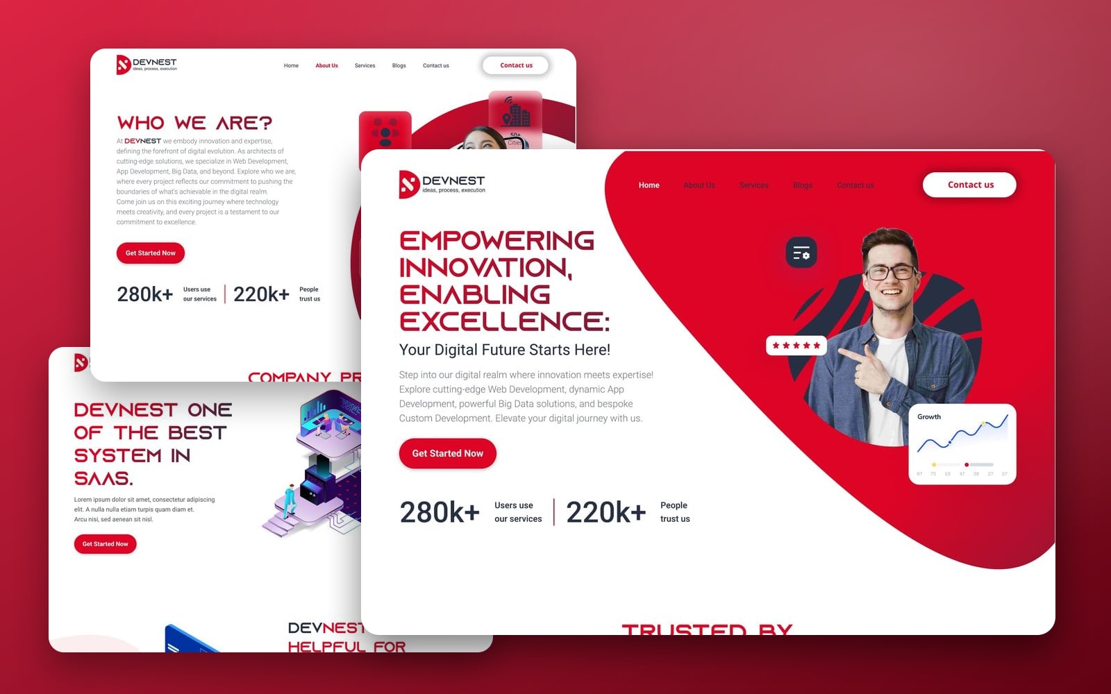 Devnest Crimson SaaS website showcase: the home page large in front of the about and services pages on a red gradient.