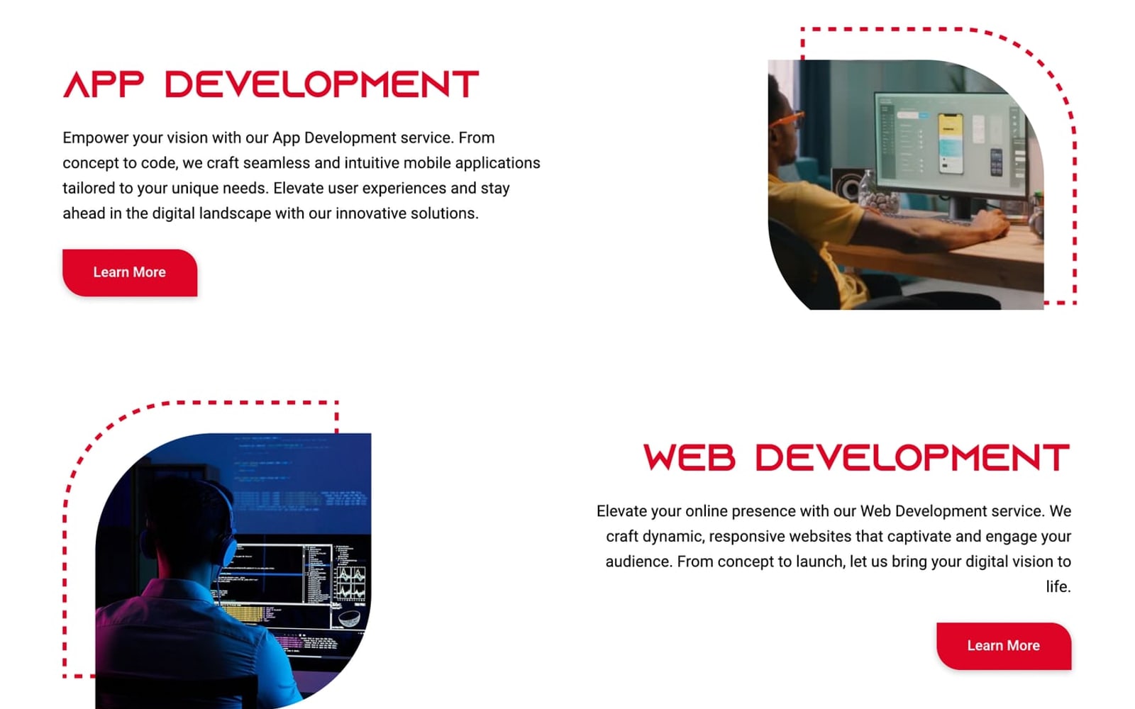 Devnest Crimson SaaS website home page services section with app development and web development rows, each beside a photo in a dotted red outline.