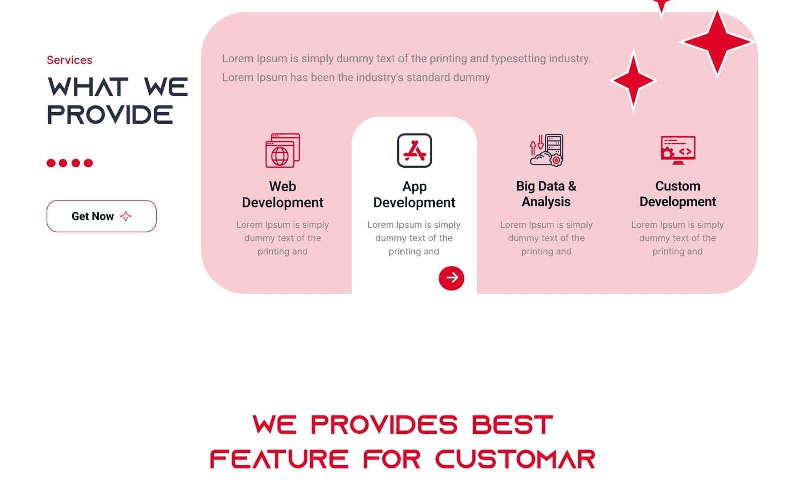 Devnest Crimson SaaS website services page with a pink panel of four service tabs above a row of red feature cards.