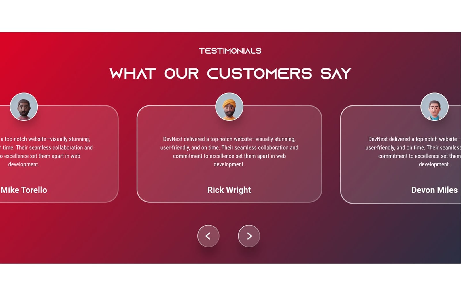 Devnest Crimson SaaS website testimonials band, a red to maroon gradient with three translucent quote cards and a carousel control.