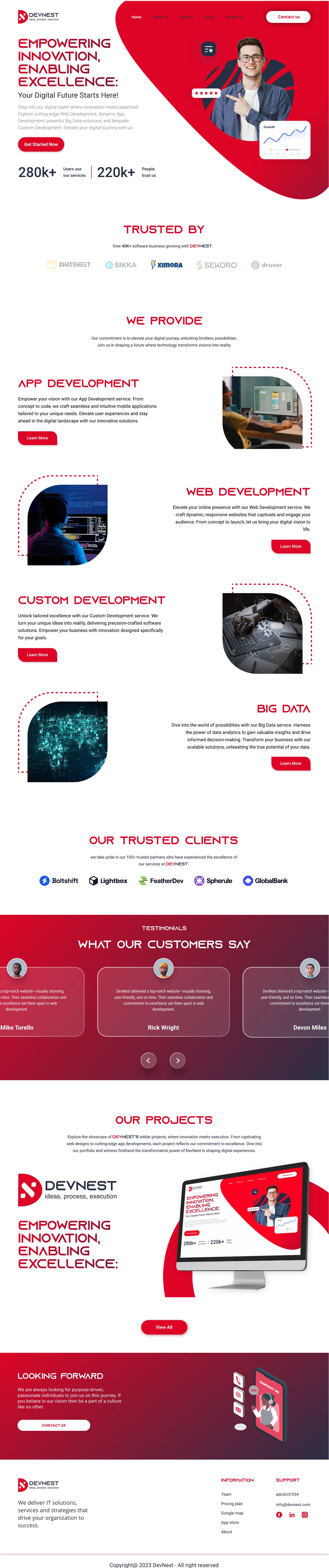 Full-length Devnest Crimson SaaS website home page design with a red curved hero, headline, stats band, services rows and a testimonial carousel.