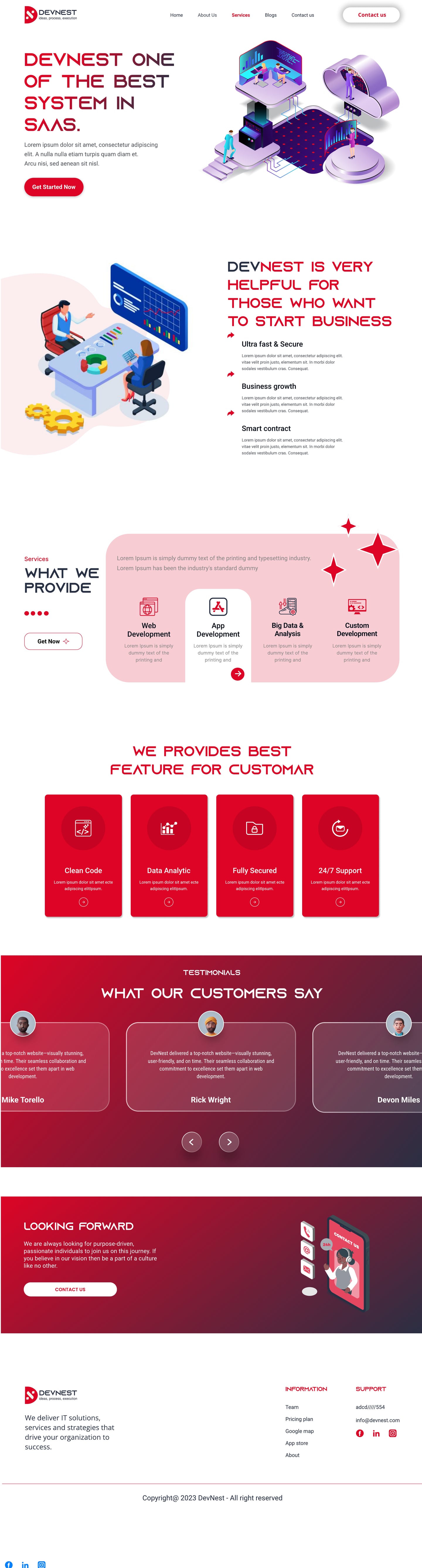 Full-length Devnest Crimson SaaS website services page design with a pink panel of service tabs above a row of red feature cards.