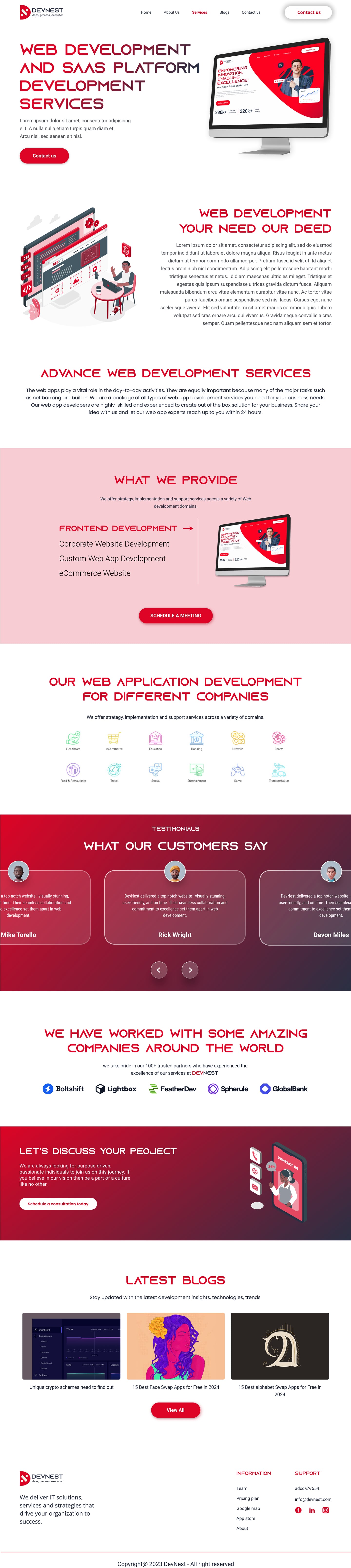 Full-length Devnest Crimson SaaS website web development page design with a hero monitor mock-up, service tabs, industry icons and a testimonial band.