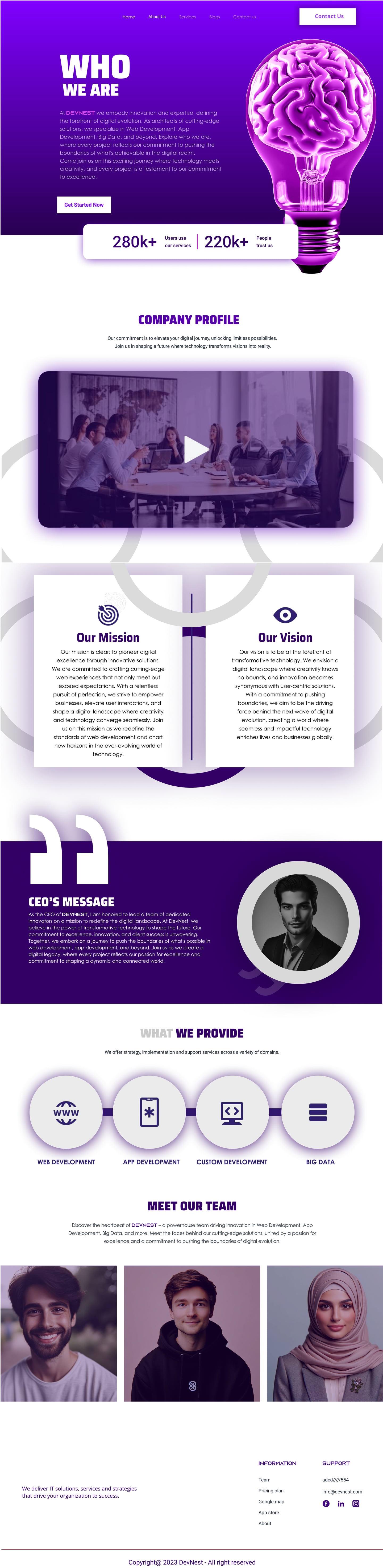 Full-length Devnest Violet SaaS website about page design with a glowing lightbulb brain hero, company video, mission and vision cards, CEO message and team photos.