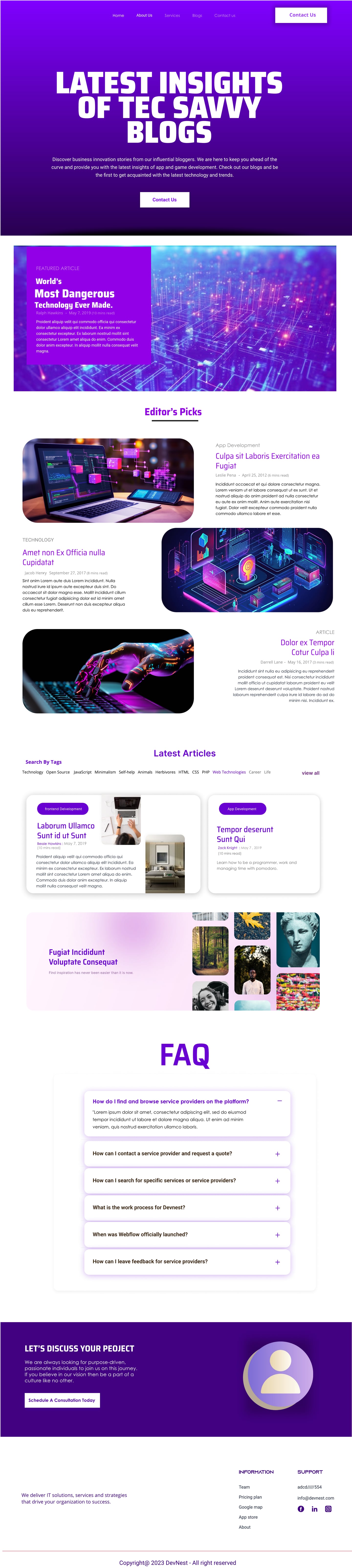 Full-length Devnest Violet SaaS website blog page design with a glowing circuit-board featured article, article lists and a FAQ accordion.