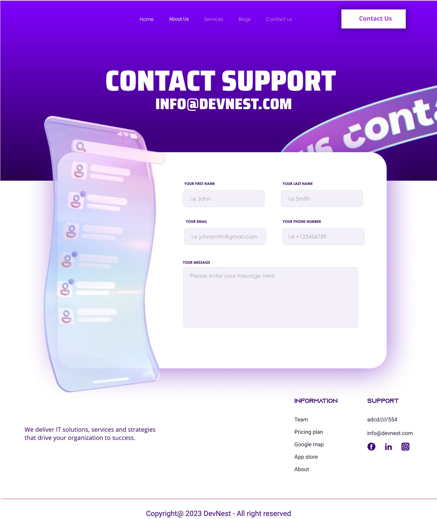Full-length Devnest Violet SaaS website contact page design with a violet hero and a short contact form.