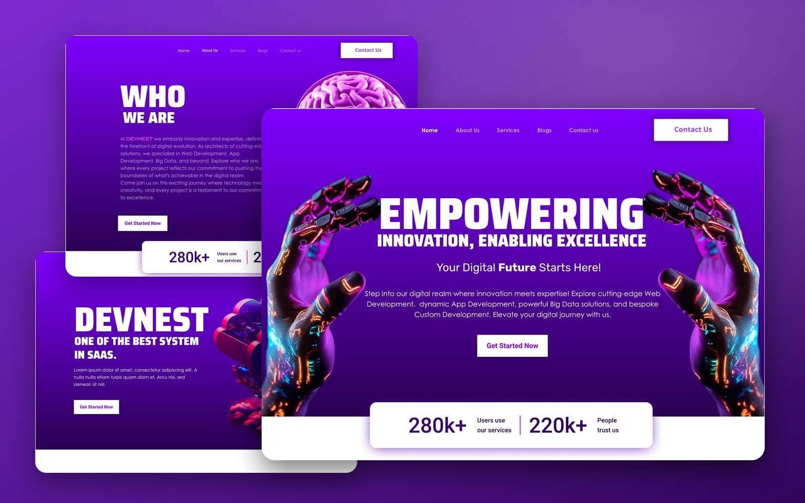 Devnest Violet SaaS website showcase: the home page with glowing robotic hands large in front of the about and services pages on a purple gradient.