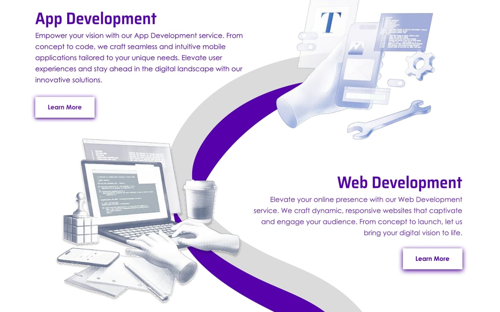 Devnest Violet SaaS website home page services section with a winding violet and grey ribbon linking app development and web development illustrations.