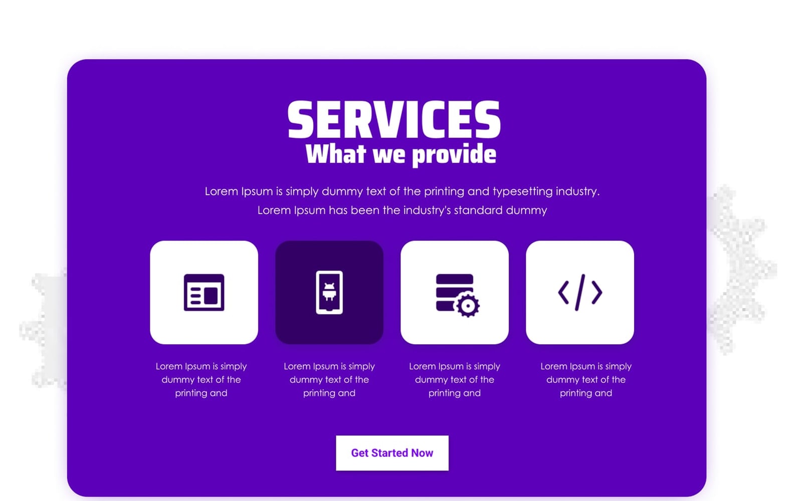 Devnest Violet SaaS website services page with a rounded purple panel of four white service icon tiles.
