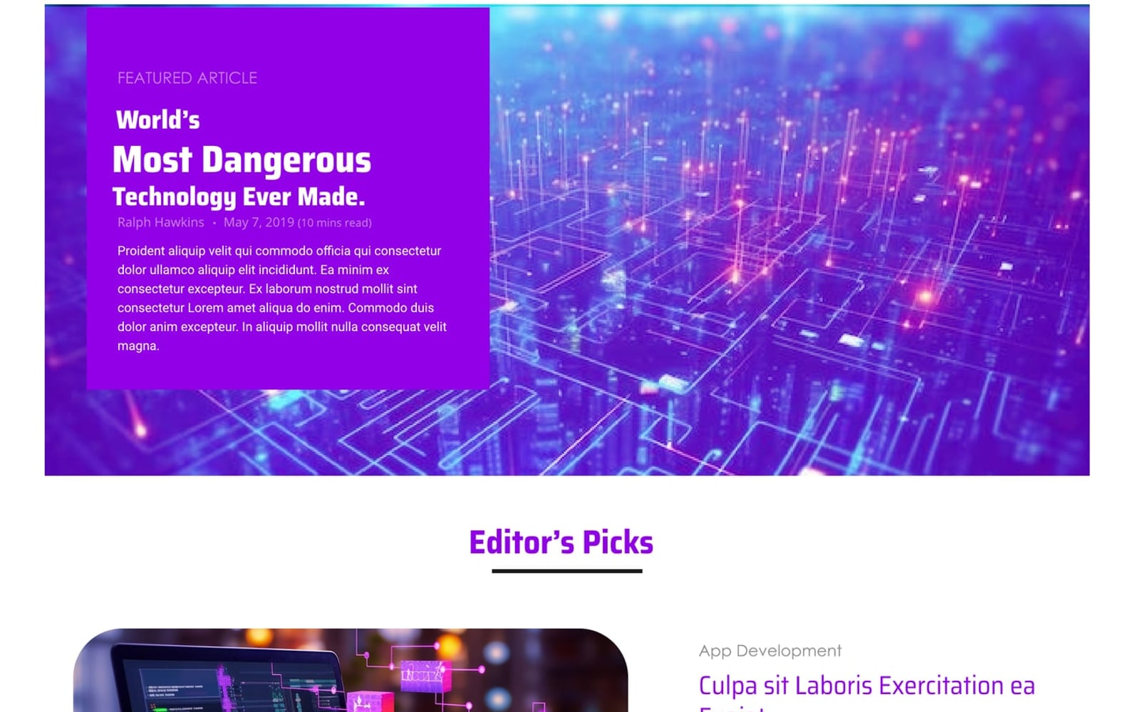 Devnest Violet SaaS website blog page featured article card with a glowing circuit-board image beside a purple title block.