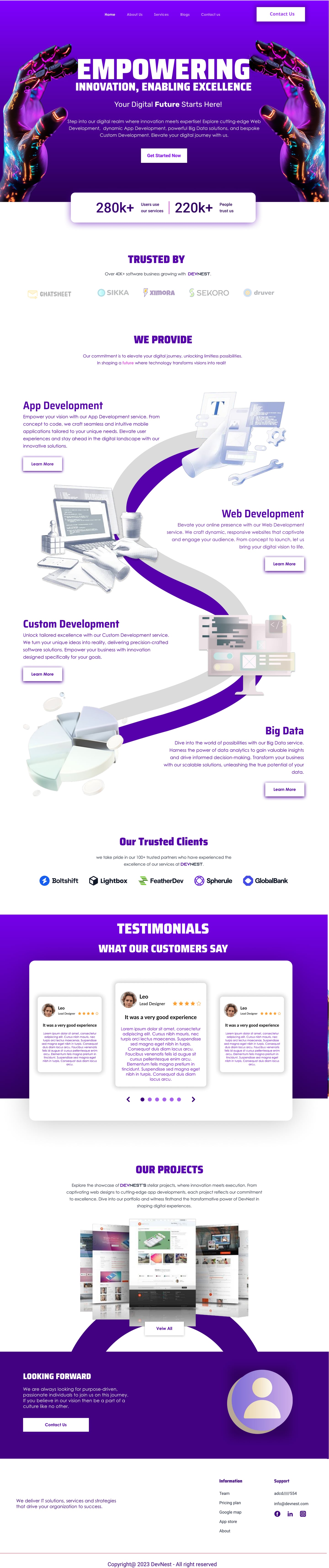 Full-length Devnest Violet SaaS website home page design with a violet gradient hero, glowing robotic hands, an overlapping stats card and a winding ribbon of services.