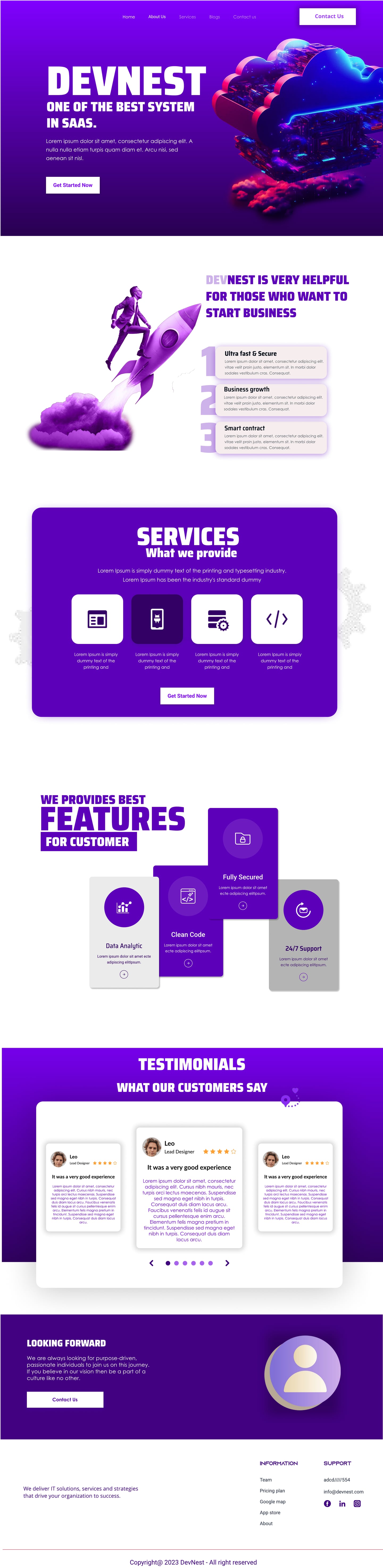 Full-length Devnest Violet SaaS website services page design with a violet hero, a rounded panel of white service icon tiles and a testimonial band.