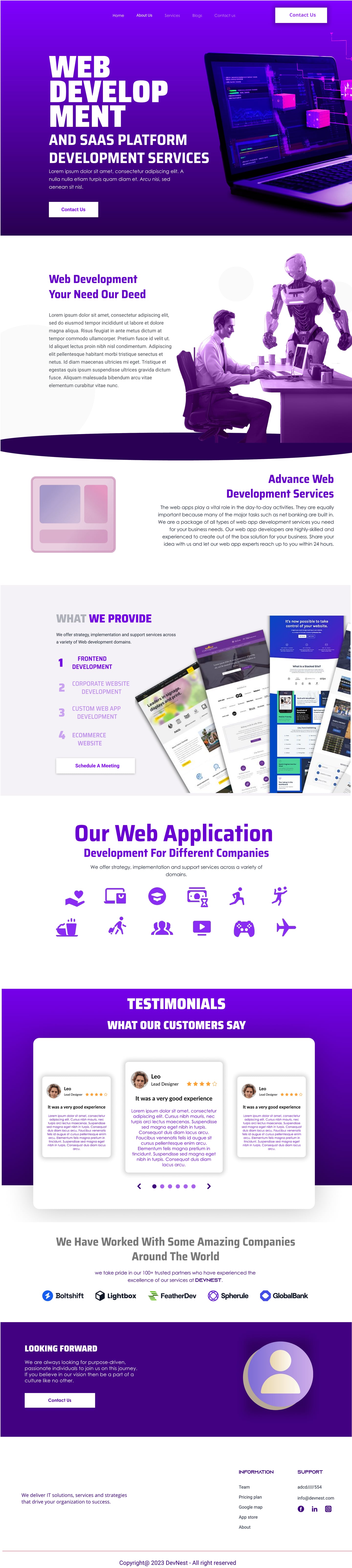 Full-length Devnest Violet SaaS website web development page design with a hero illustration, service tabs and industry icons on soft shadowed cards.