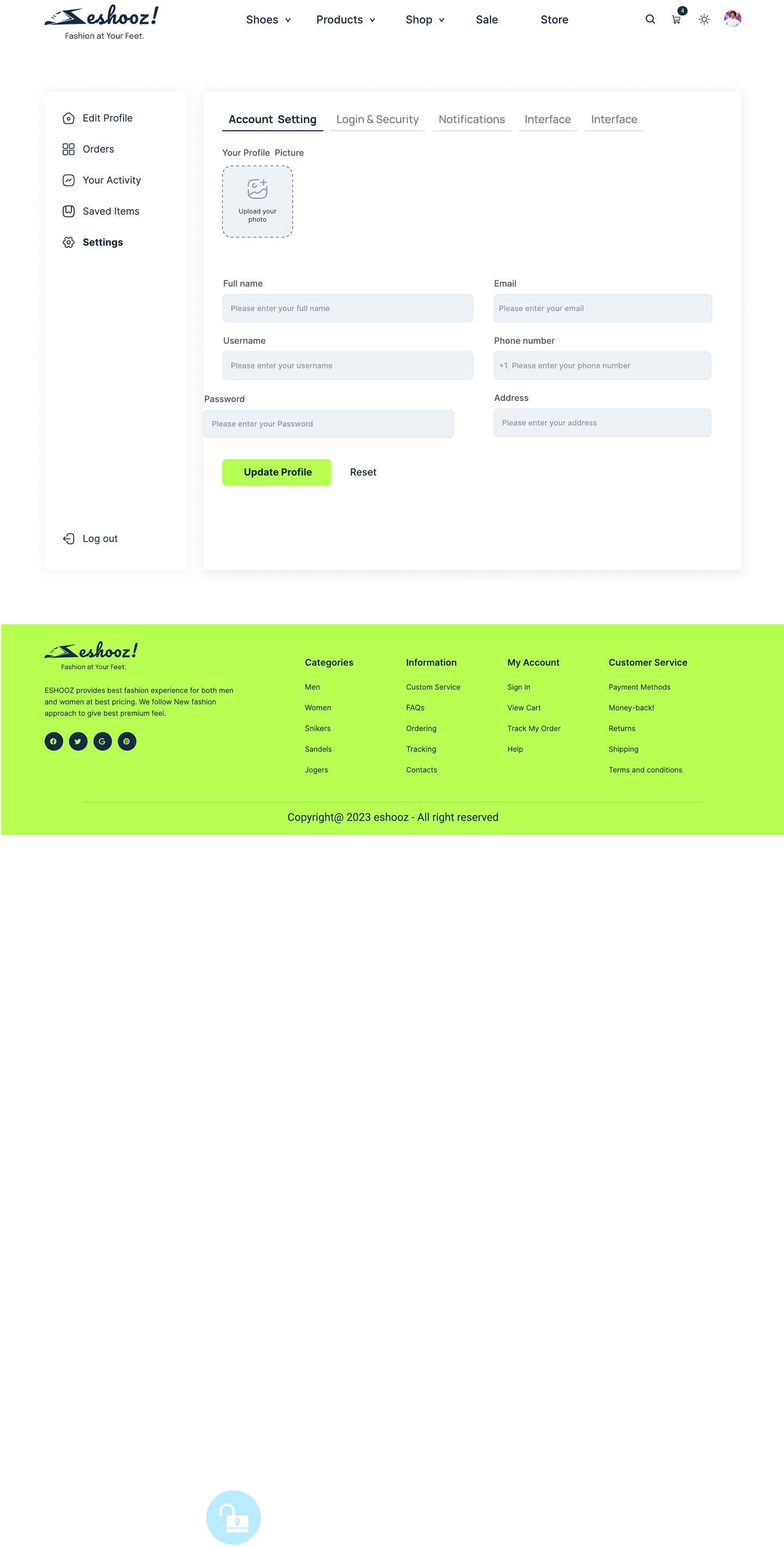 Full-length Eshooz Lime ecommerce website account page design with a side menu and an account settings form.