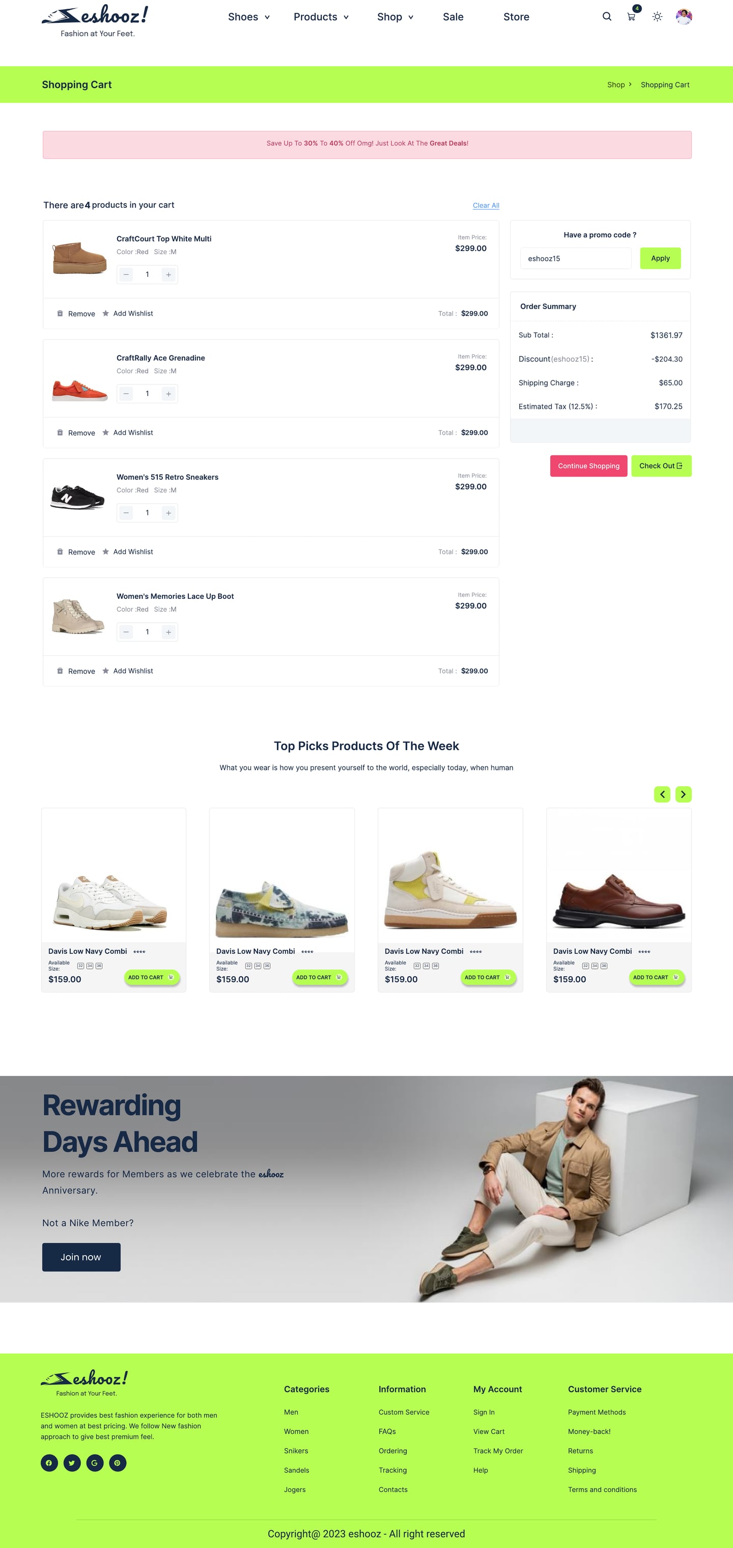Full-length Eshooz Lime ecommerce website cart offer page design with the same cart and a member rewards banner above the footer.