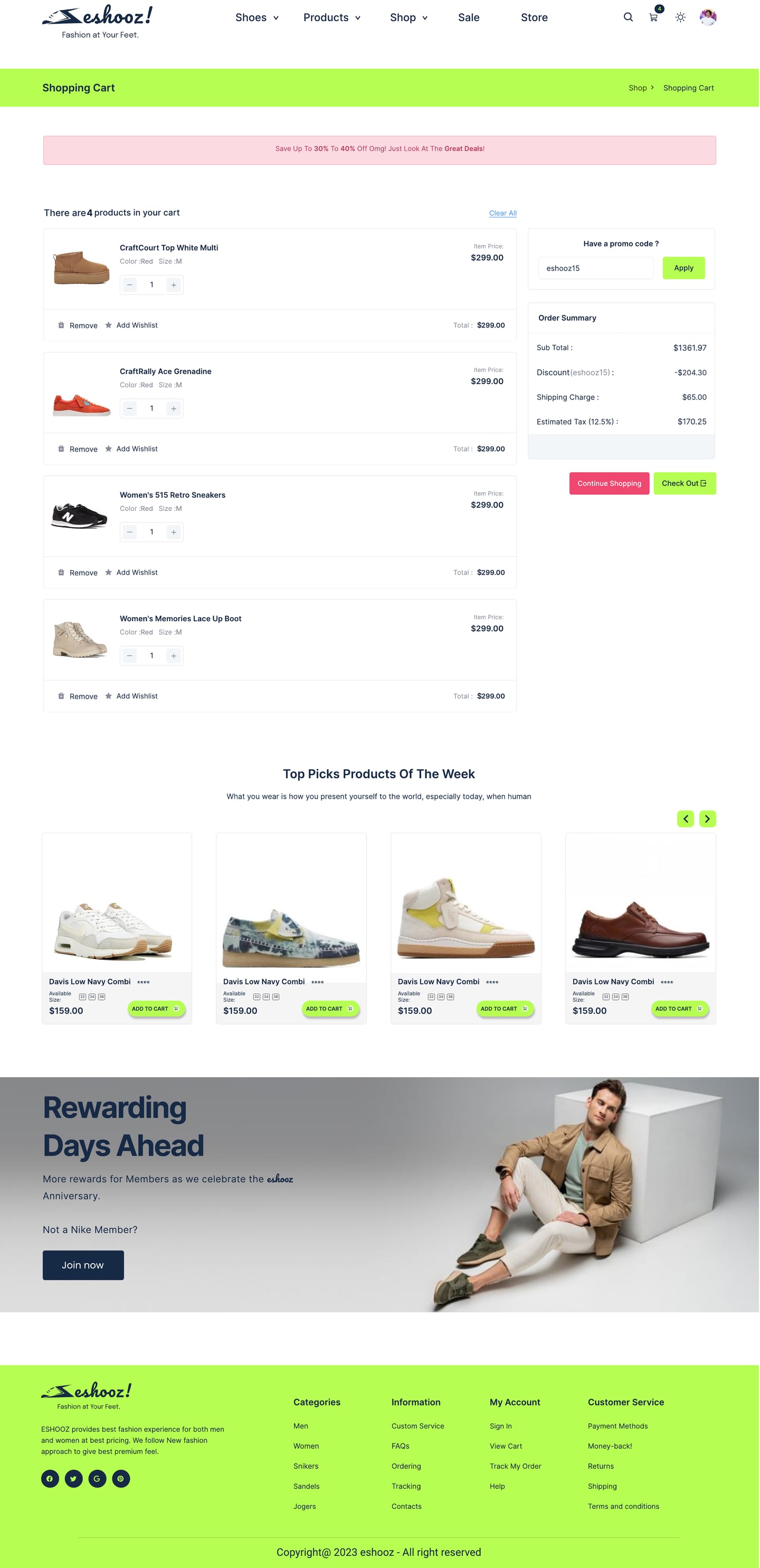 Full-length Eshooz Lime ecommerce website cart page design with a line item list, a promo code field and an order summary above a top picks row.