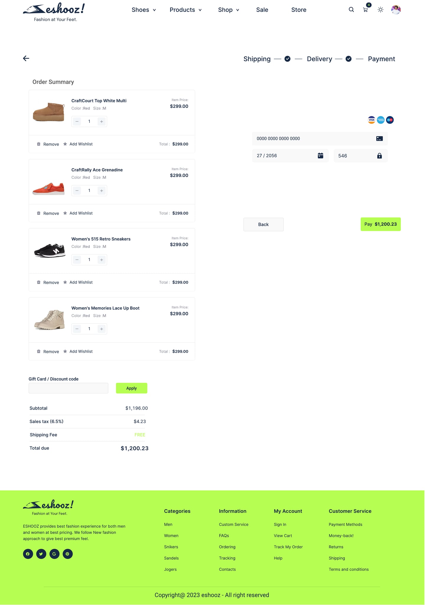 Full-length Eshooz Lime ecommerce website checkout card details page design with card number, expiry and security code fields.