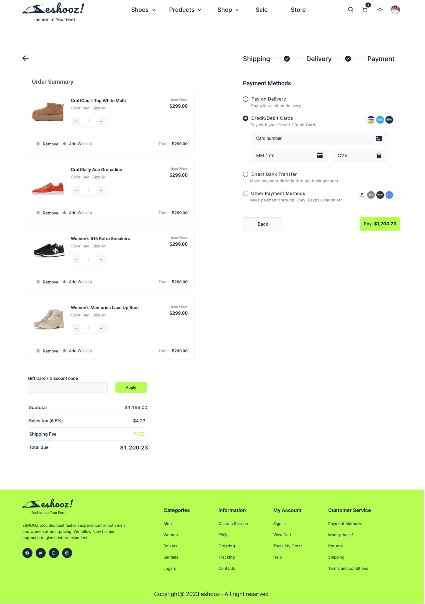 Full-length Eshooz Lime ecommerce website checkout card page design with the card payment option selected.