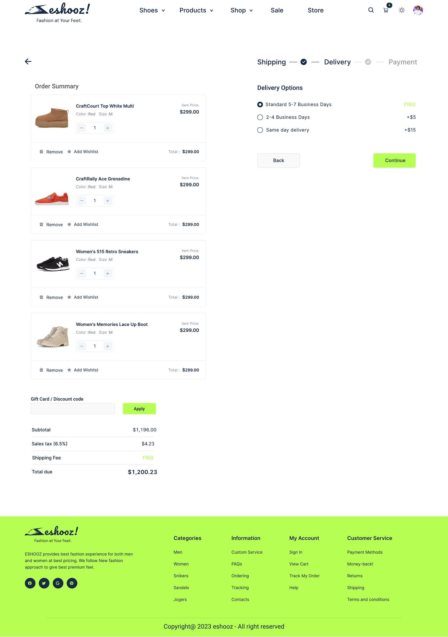 Full-length Eshooz Lime ecommerce website checkout delivery page design with delivery option radios beside the order summary.