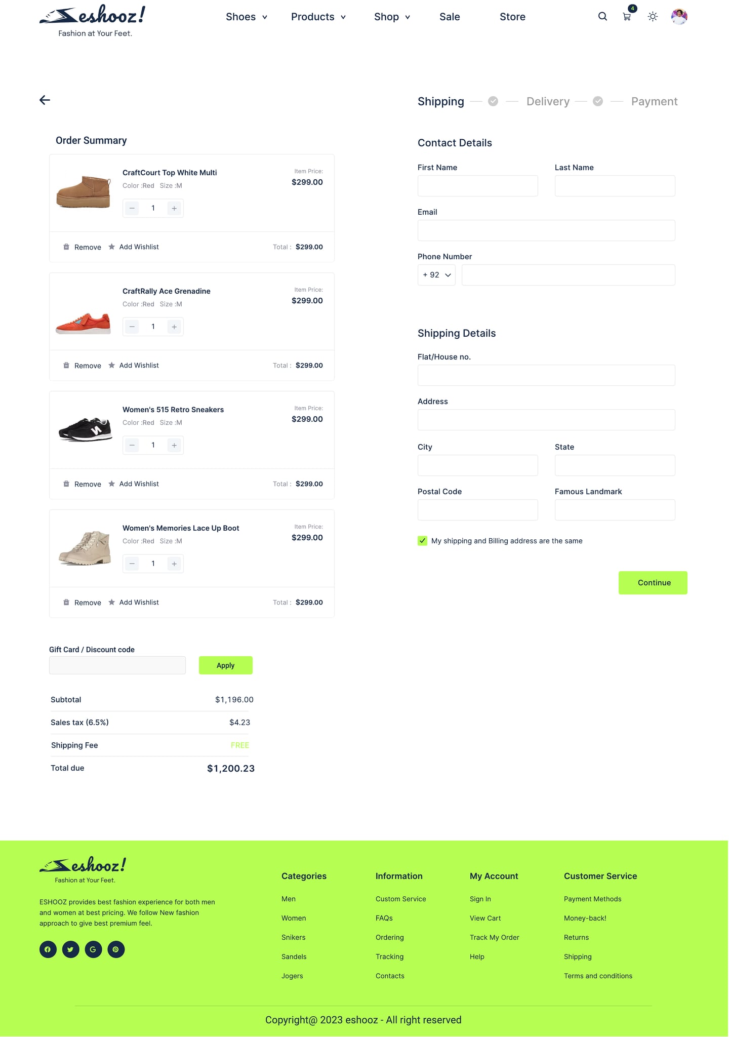 Full-length Eshooz Lime ecommerce website checkout details page design with a step tracker, contact and shipping forms and an order summary.