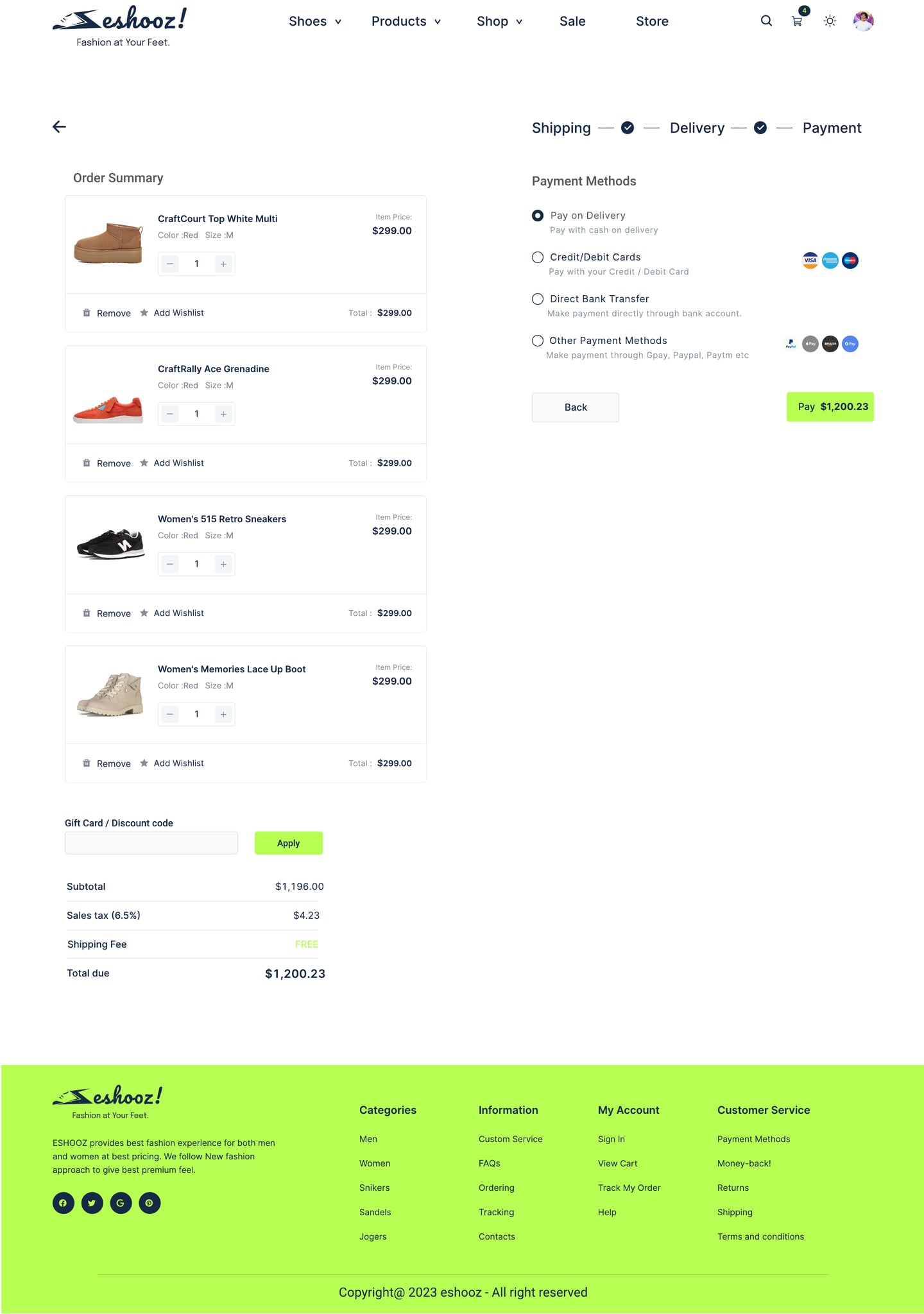 Full-length Eshooz Lime ecommerce website checkout payment page design with payment method choices beside the order summary.