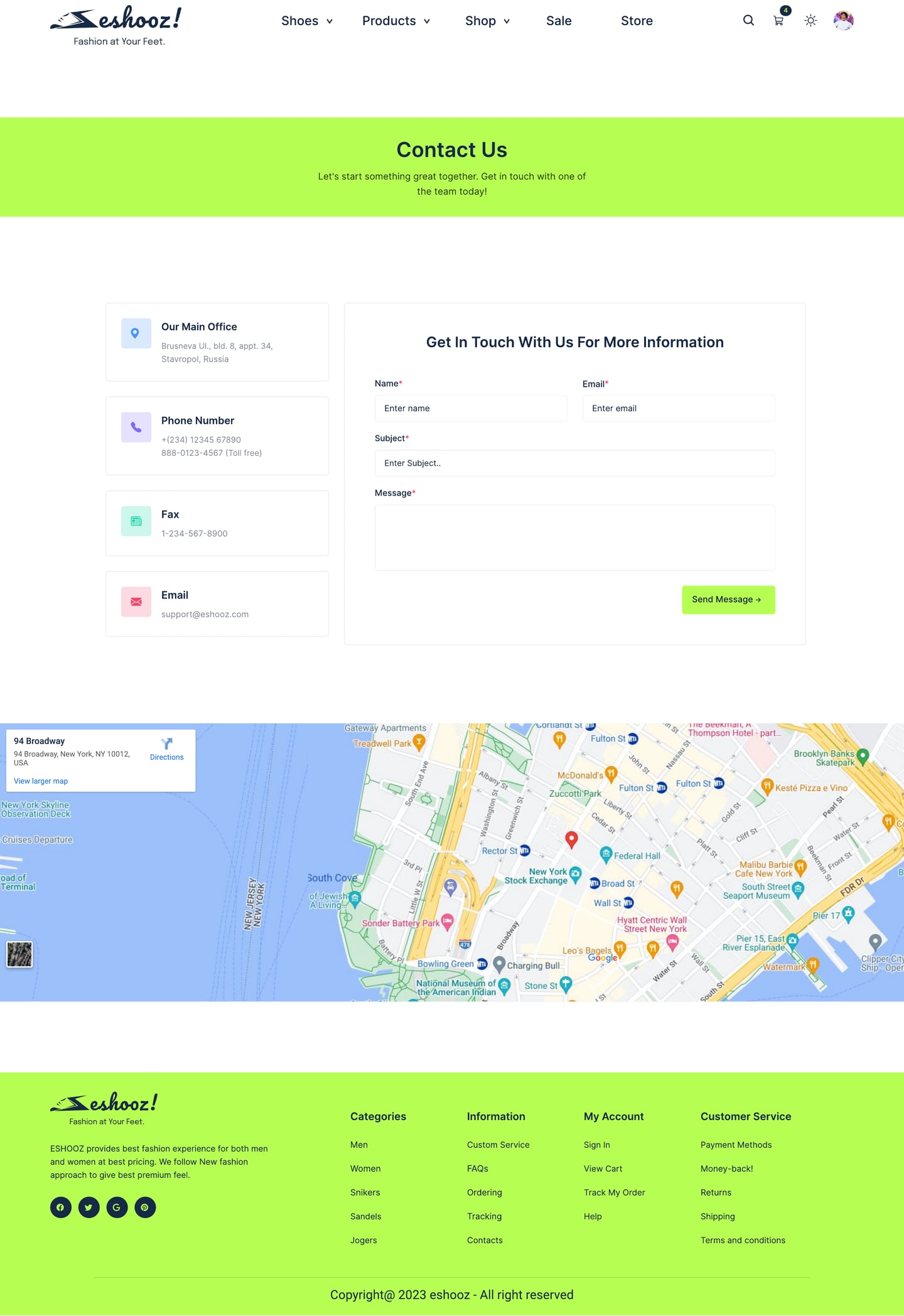 Full-length Eshooz Lime ecommerce website contact page design with office details, a message form and a map.