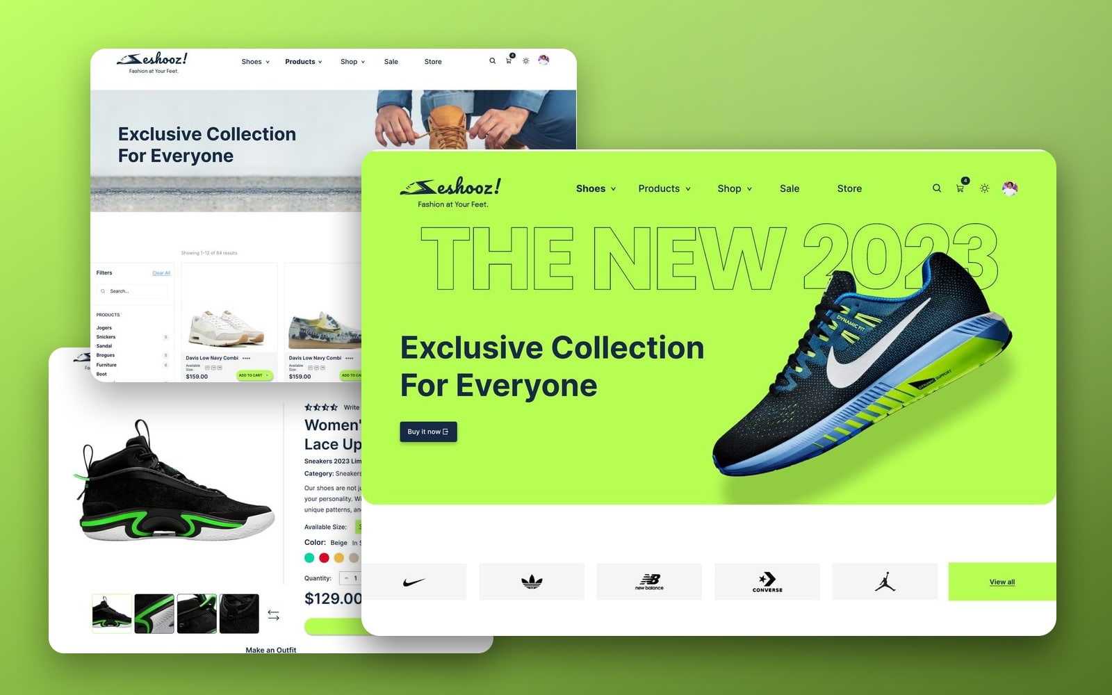 Eshooz Lime ecommerce website showcase: the home page with an outlined 2023 headline and a sneaker, in front of the shop and product pages on a lime gradient.