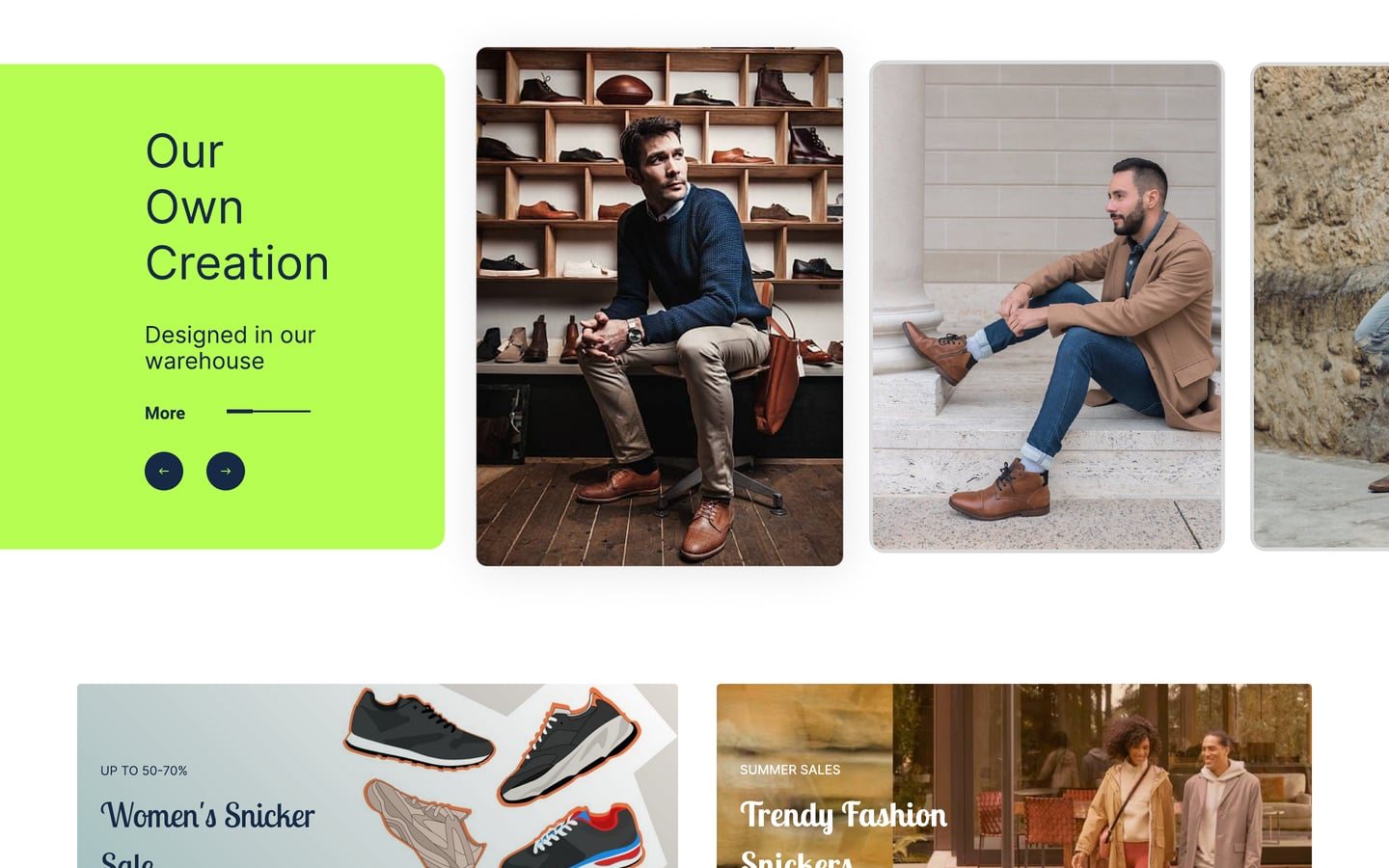 Eshooz Lime ecommerce website home page Our Own Creation section, a lime panel beside a carousel of lifestyle photo cards, above two sale banners.