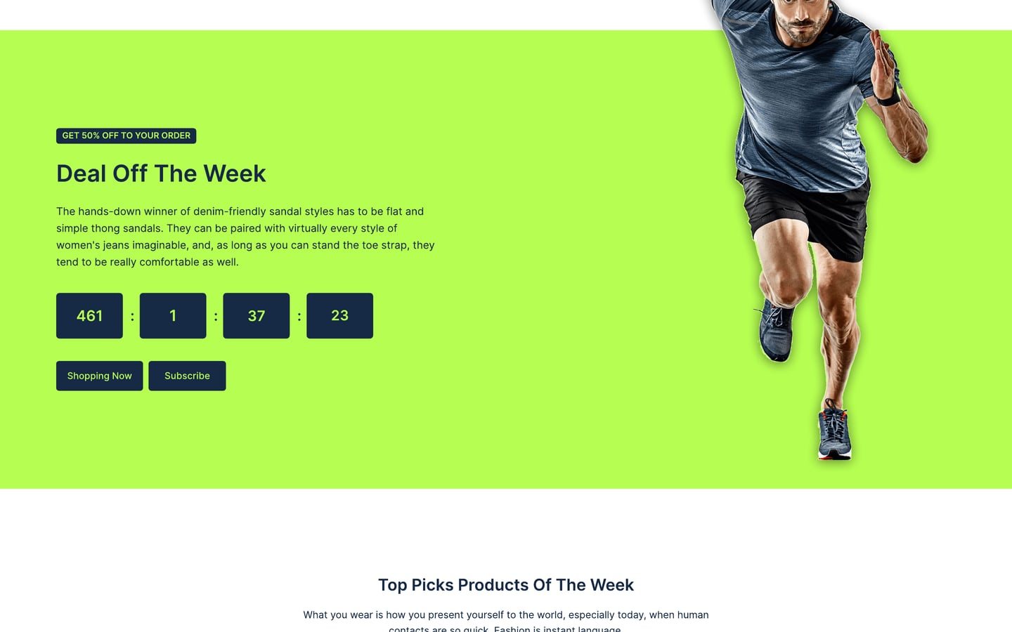 Eshooz Lime ecommerce website deal of the week band, a lime panel with navy countdown tiles and a sprinting athlete.