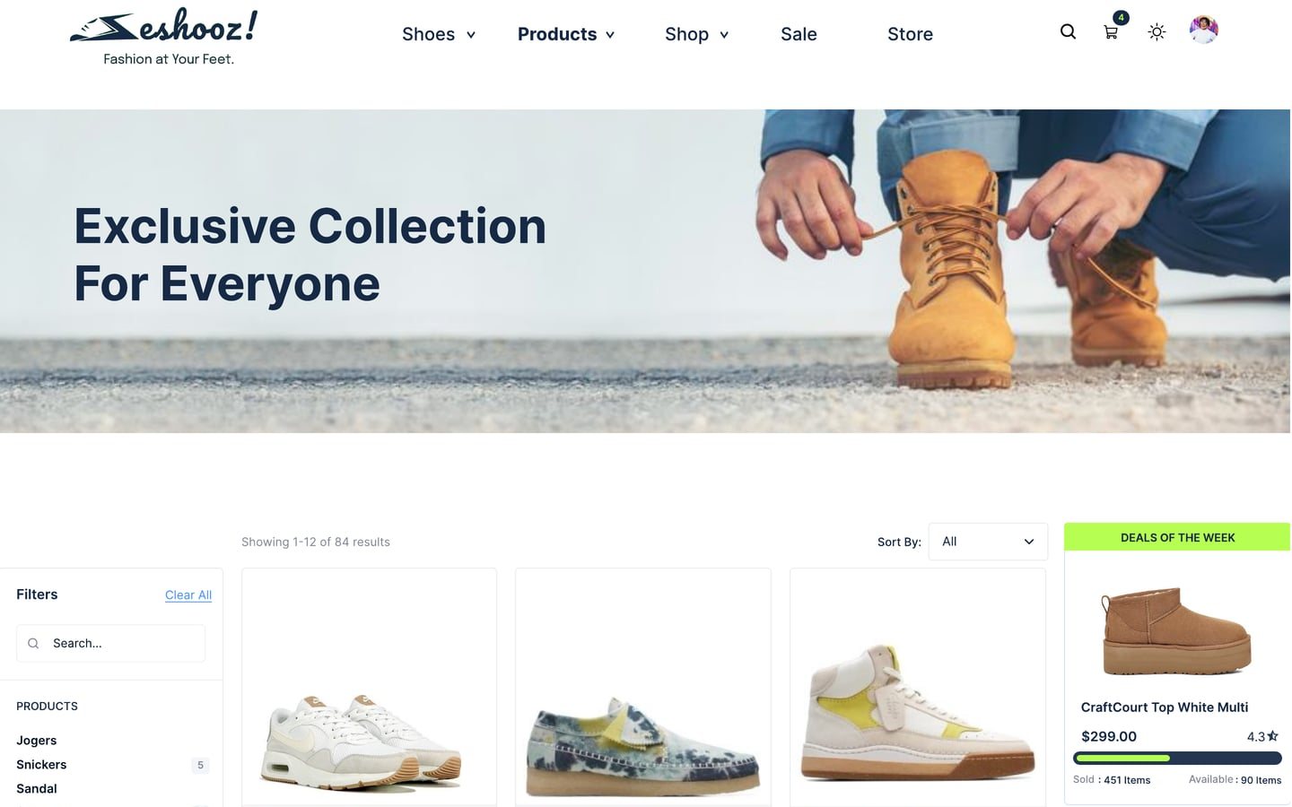 Eshooz Lime ecommerce website shop page with a photo banner, filter sidebar and a deals of the week card.