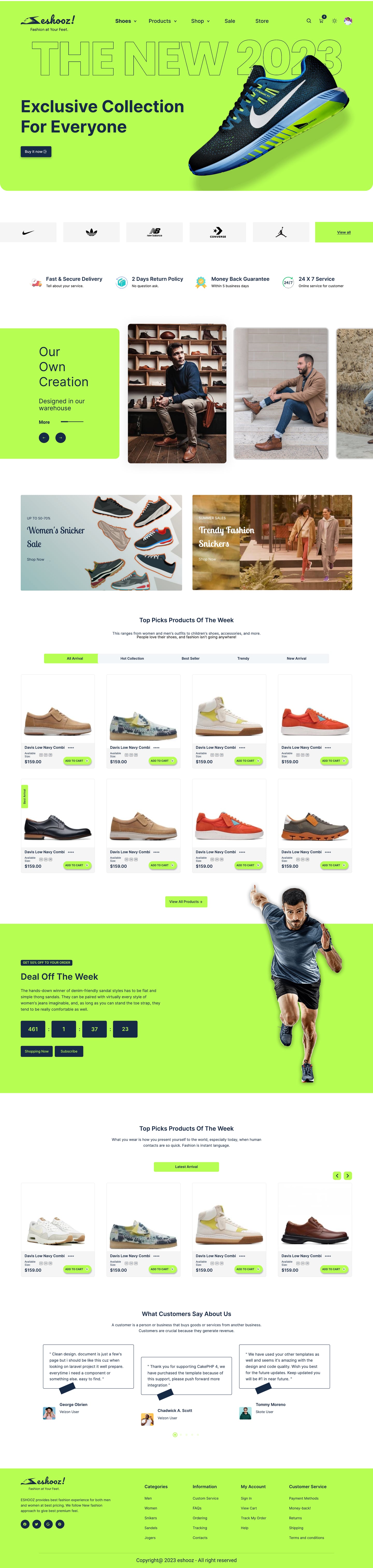 Full-length Eshooz Lime ecommerce website home page design with a lime hero and sneaker, brand logo row, an Our Own Creation carousel, sale banners, product grids and a deal countdown.
