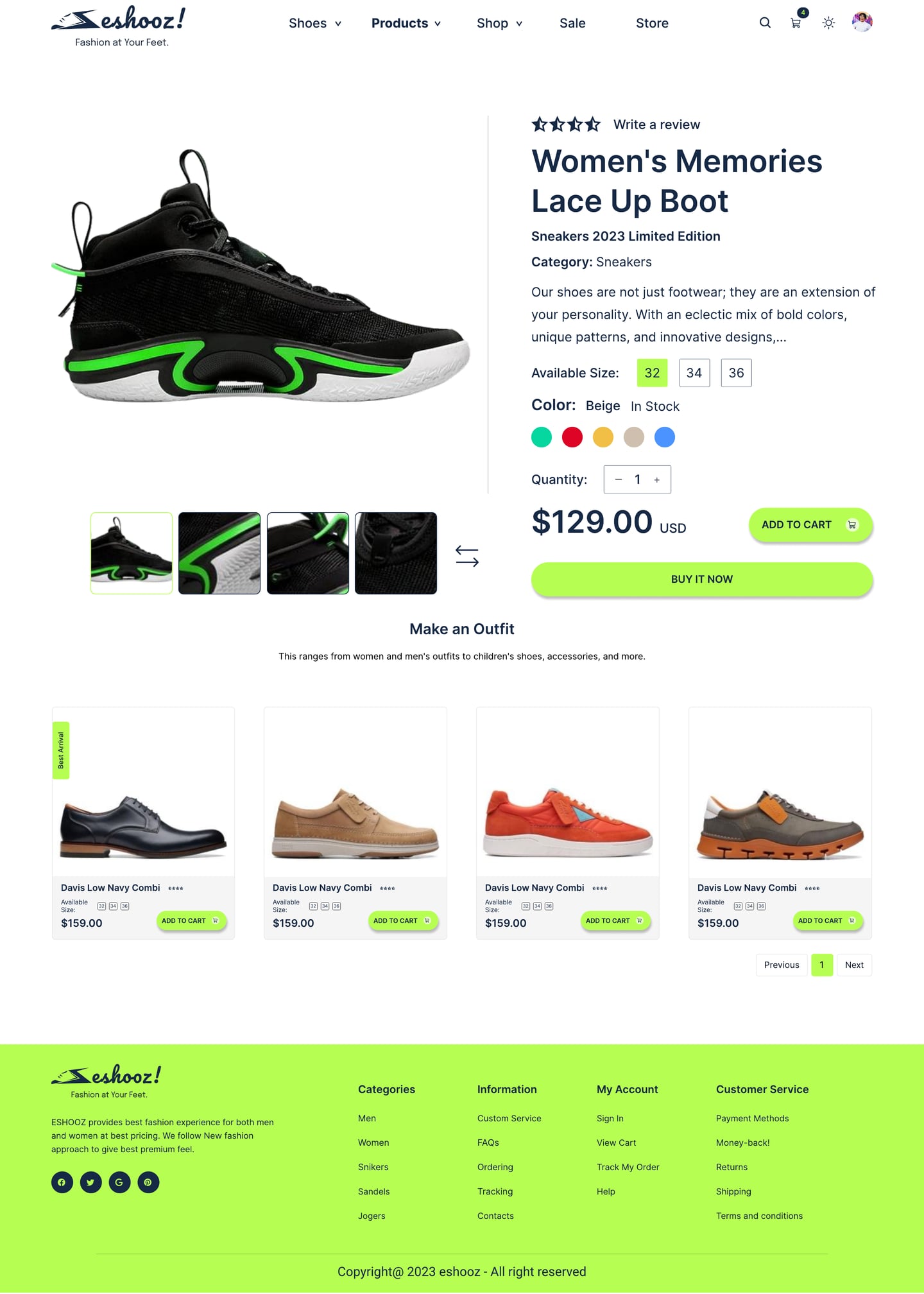 Full-length Eshooz Lime ecommerce website product page design with a large sneaker gallery, colour swatches, size picker, price and add to cart.