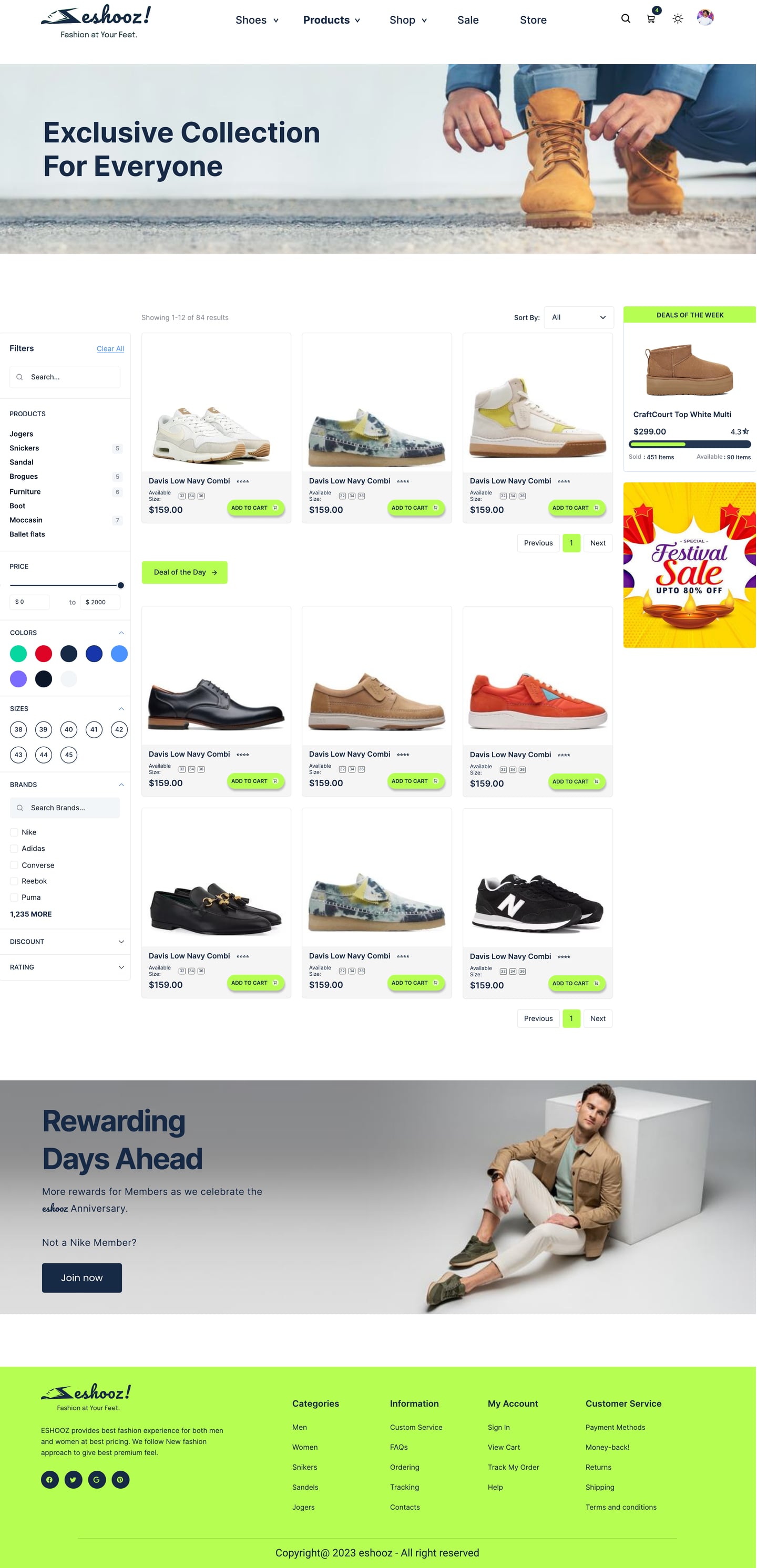 Full-length Eshooz Lime ecommerce website shop page design with a photo banner, a filter sidebar, a product grid and a deals of the week card.