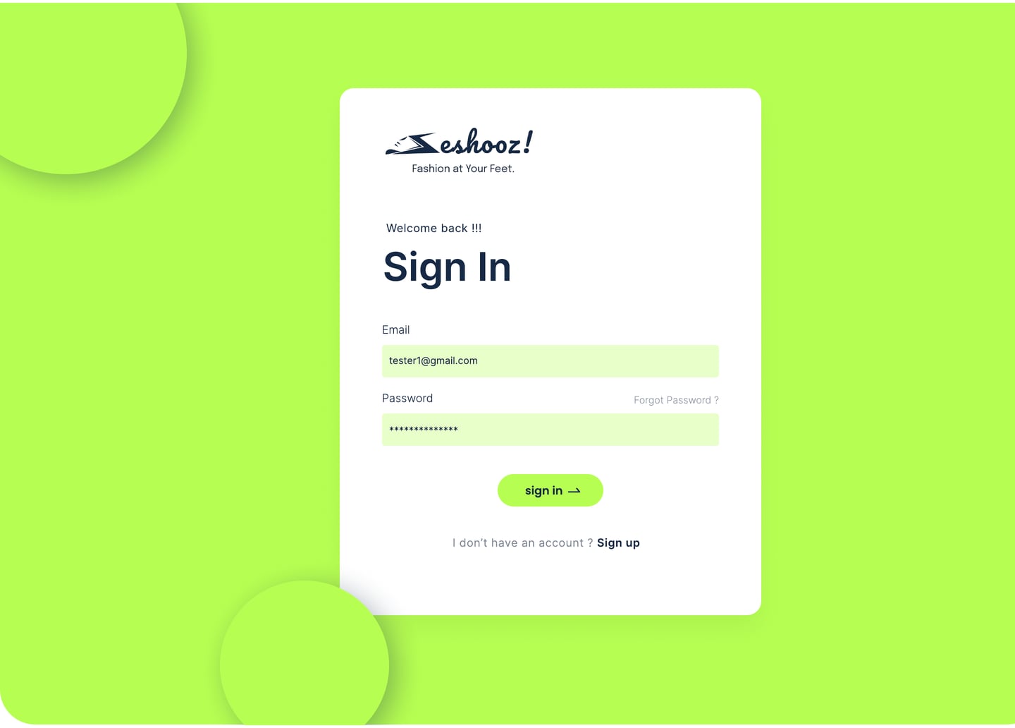 Full-length Eshooz Lime ecommerce website sign in page design with a lime backdrop and a white sign in card.