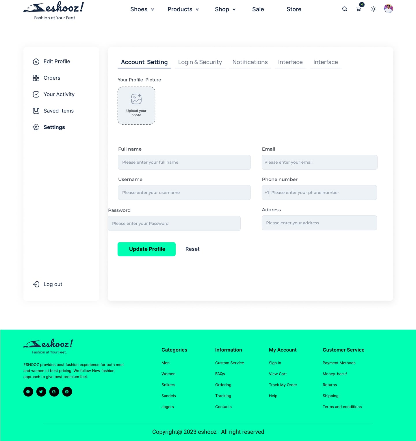 Full-length Eshooz Mint ecommerce website account page design with a side menu and an account settings form.
