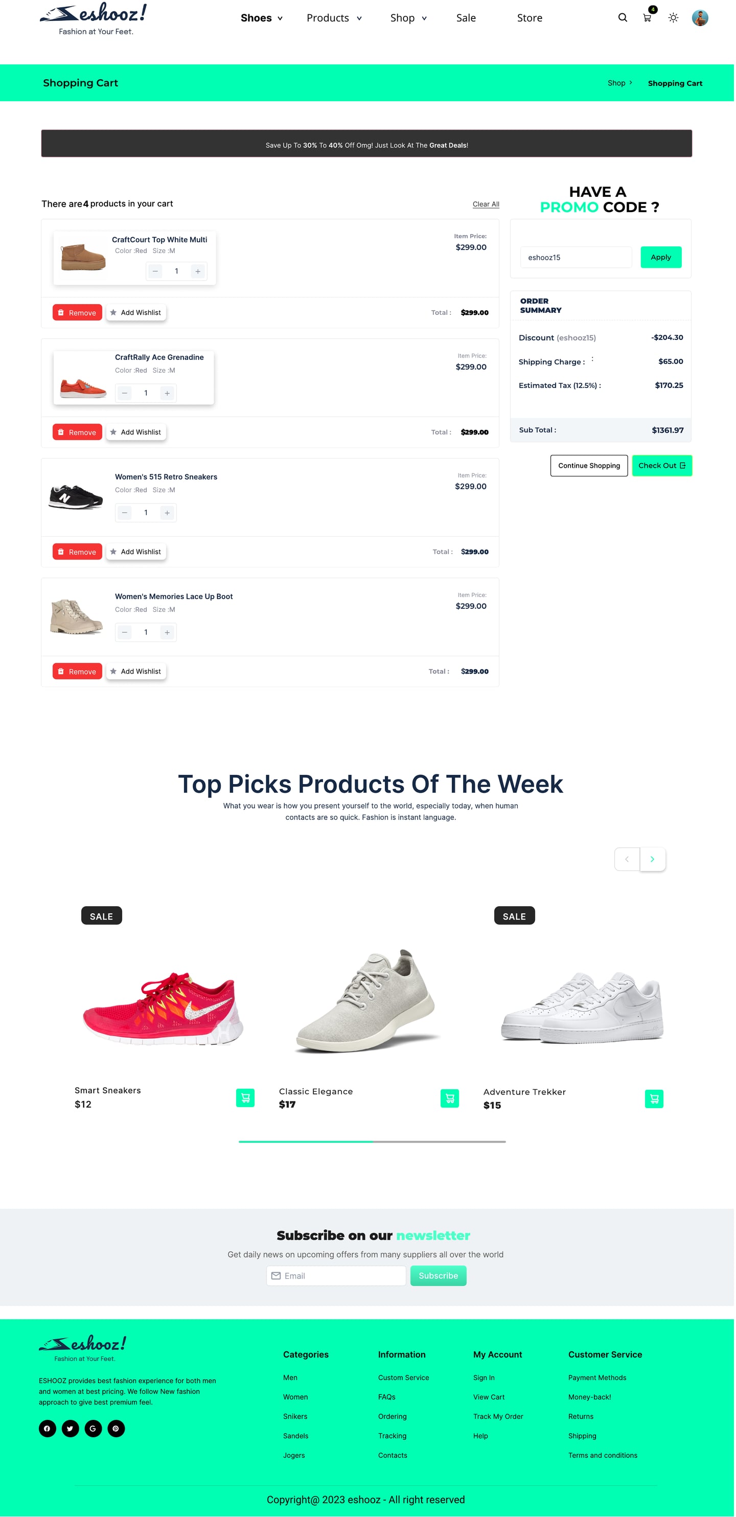 Full-length Eshooz Mint ecommerce website cart page design with line items, quantity controls, a promo code and an order summary.