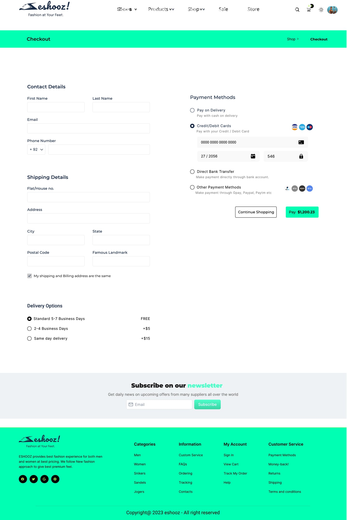Full-length Eshooz Mint ecommerce website checkout page design with shipping and payment method forms beside an order summary.