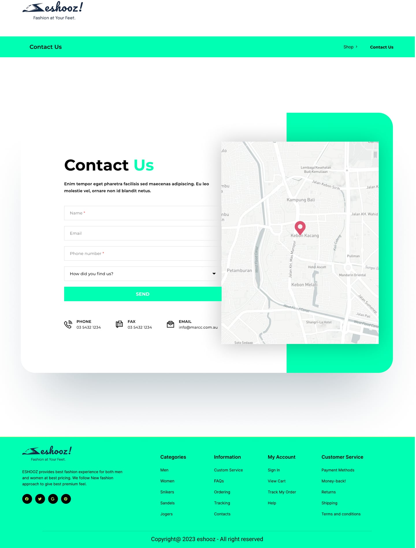 Full-length Eshooz Mint ecommerce website contact page design with a mint panel, a contact form card and a map.