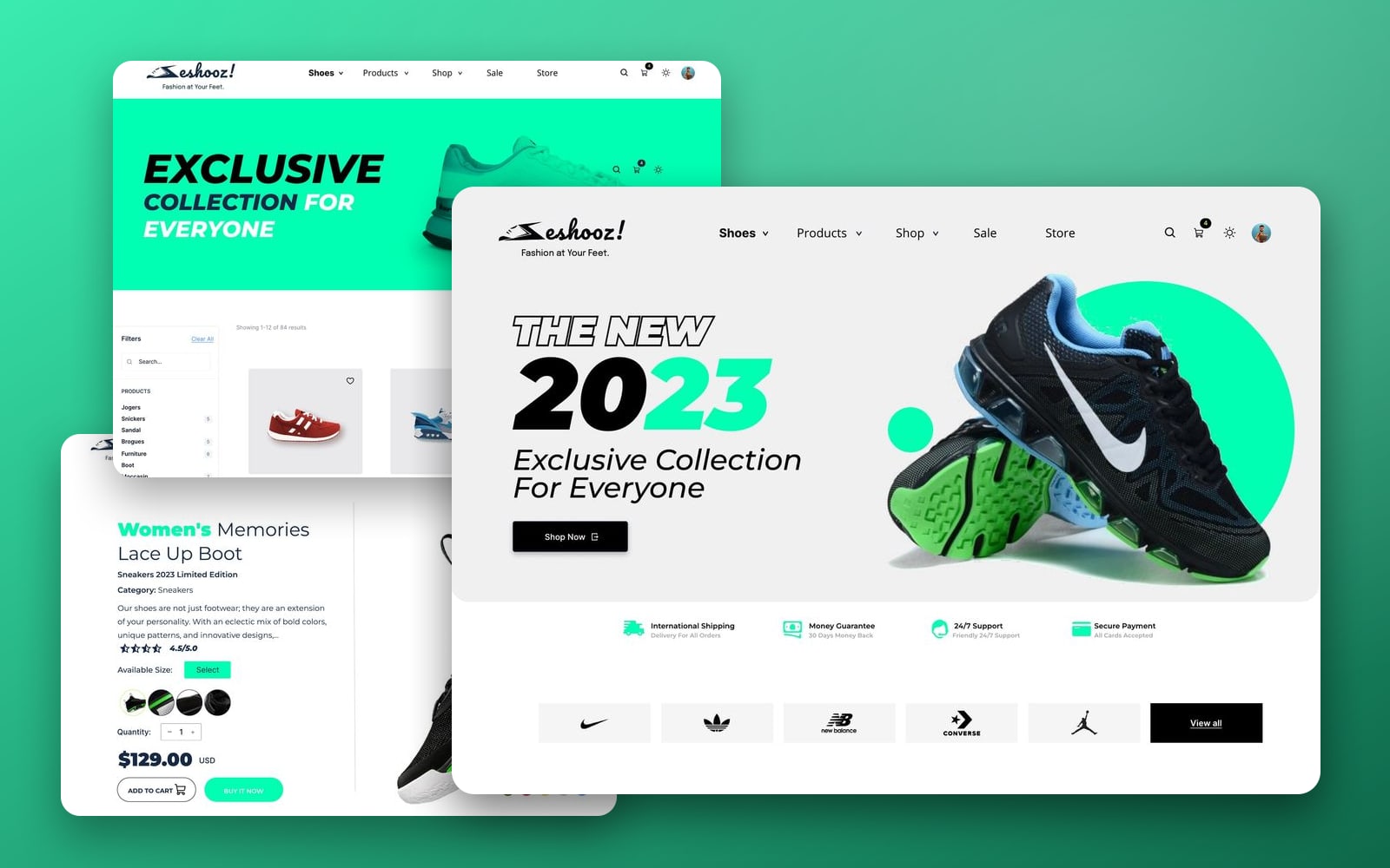 Eshooz Mint online store showcase: a light home page with a 2023 headline and a sneaker on a mint circle, in front of the shop and product pages on a green gradient.