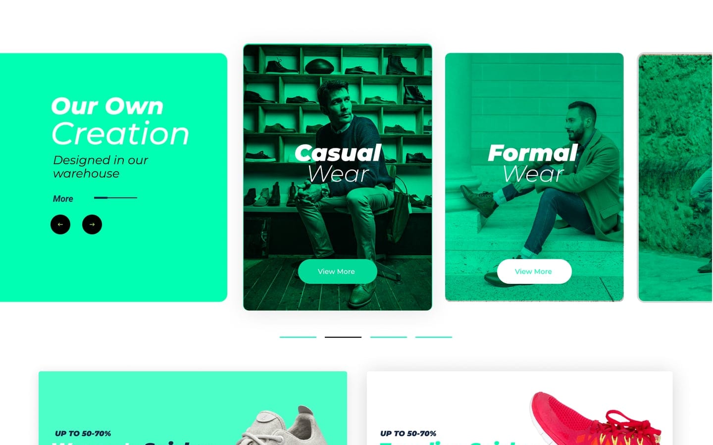 Eshooz Mint online store home page Our Own Creation section, a mint panel beside duotone green photo cards for casual and formal wear.