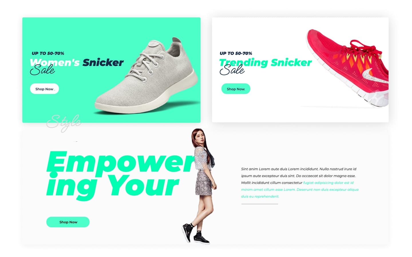 Eshooz Mint online store home page promotional banners, a mint women's sneaker sale card and a white trending sneaker card above a large italic headline.