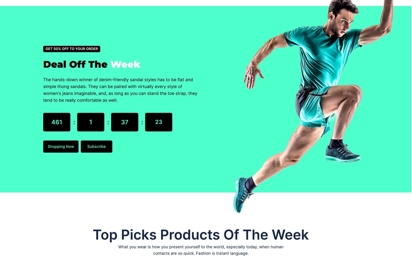 Eshooz Mint online store deal of the week band, a mint panel with black countdown tiles and an athlete in teal sportswear.