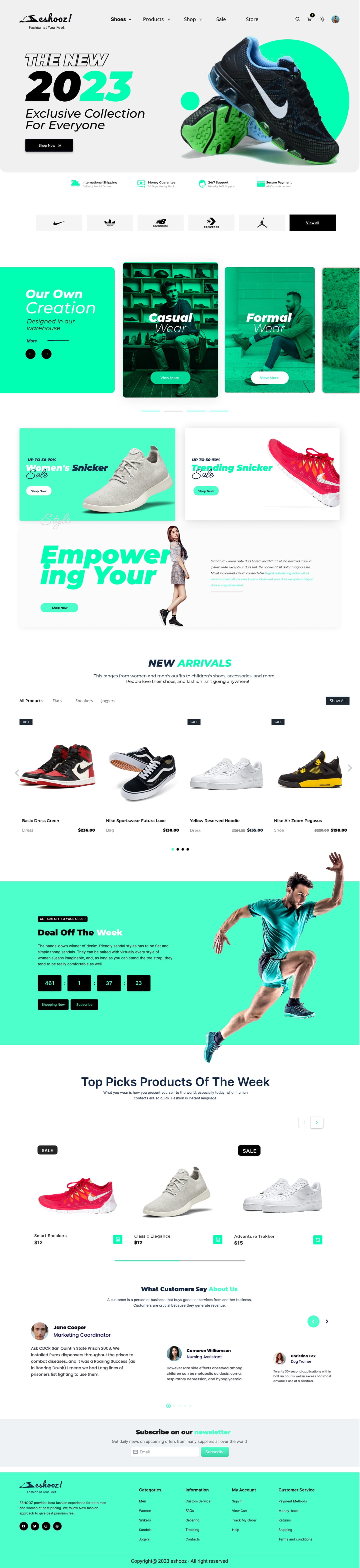 Full-length Eshooz Mint ecommerce website home page design with a grey hero and mint circle behind a sneaker, service icons, duotone category cards, sale banners, new arrivals and a deal countdown.