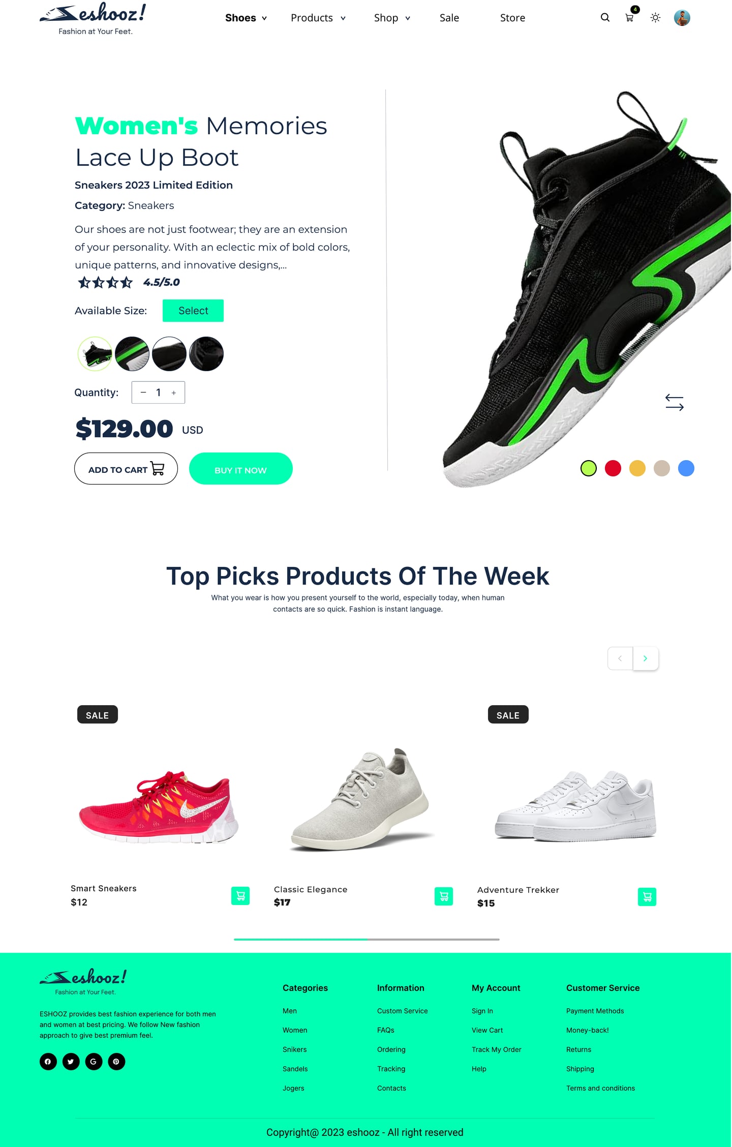 Full-length Eshooz Mint ecommerce website product page design with a gallery, mint size selector, colour options, price and add to cart and buy it now buttons.