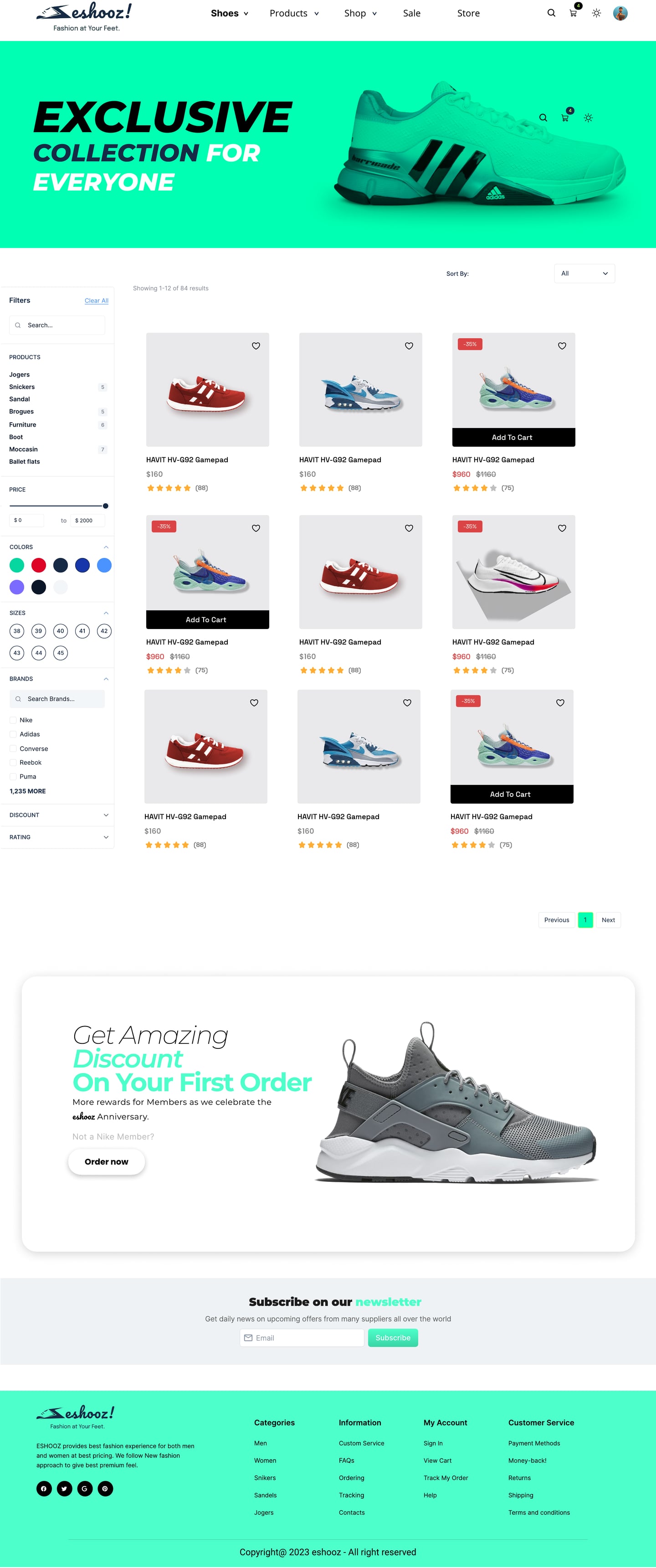 Full-length Eshooz Mint ecommerce website shop page design with a mint banner, filter sidebar, product grid, a discount banner and newsletter signup.