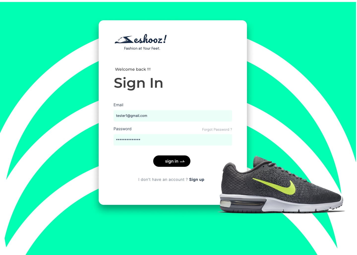 Full-length Eshooz Mint ecommerce website sign in page design with a mint backdrop of curved rings, a white sign in card and a sneaker.