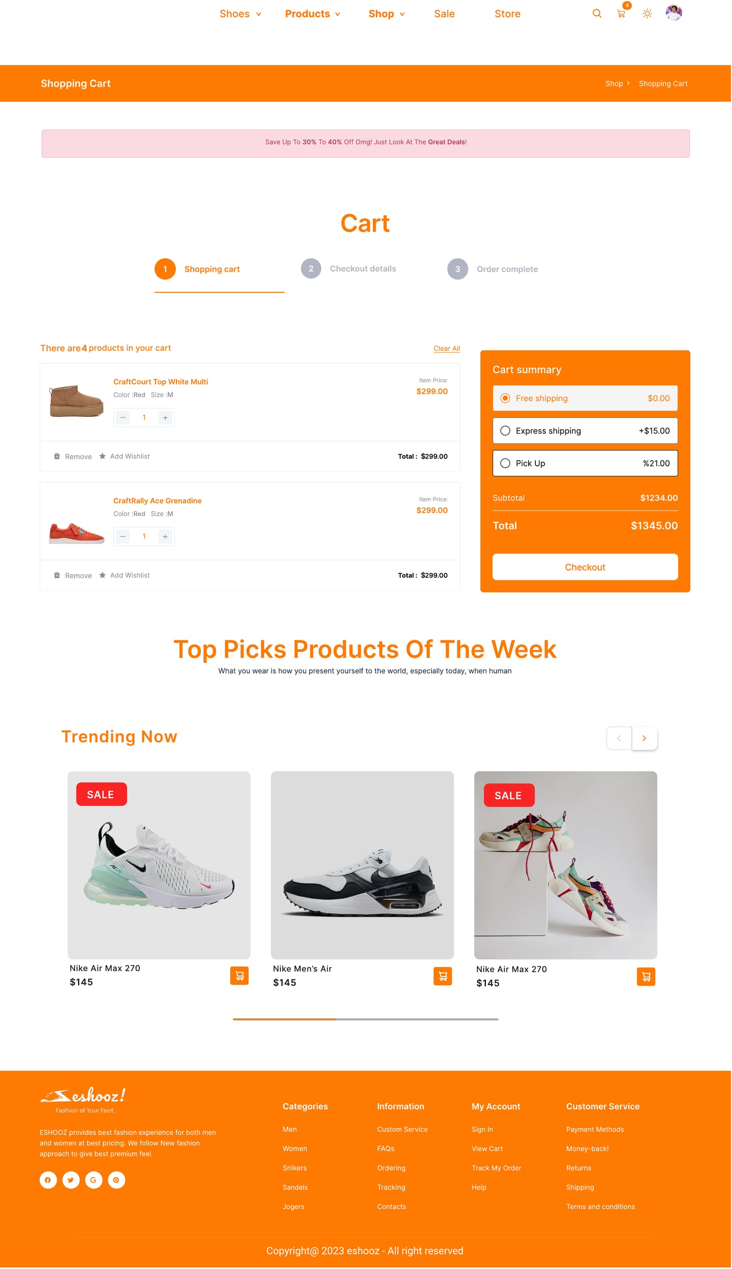 Full-length Eshooz Orange ecommerce website cart page design with a stepped progress bar, line items, an orange order summary and a trending row.